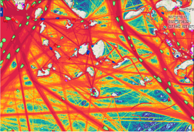 Density Animation of Marine Traffic in South Aegean Sea for 2021, data derived from www.marinetraffic.com